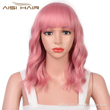 Aisi Hair Wholesale Top Quality Short Bob Pink Wig With Neat Bangs Synthetic Short Curly Wave Wigs For Black Women